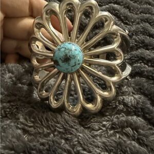 Vintage Navajo Sand Cast Silver and Turquoise Bracelet